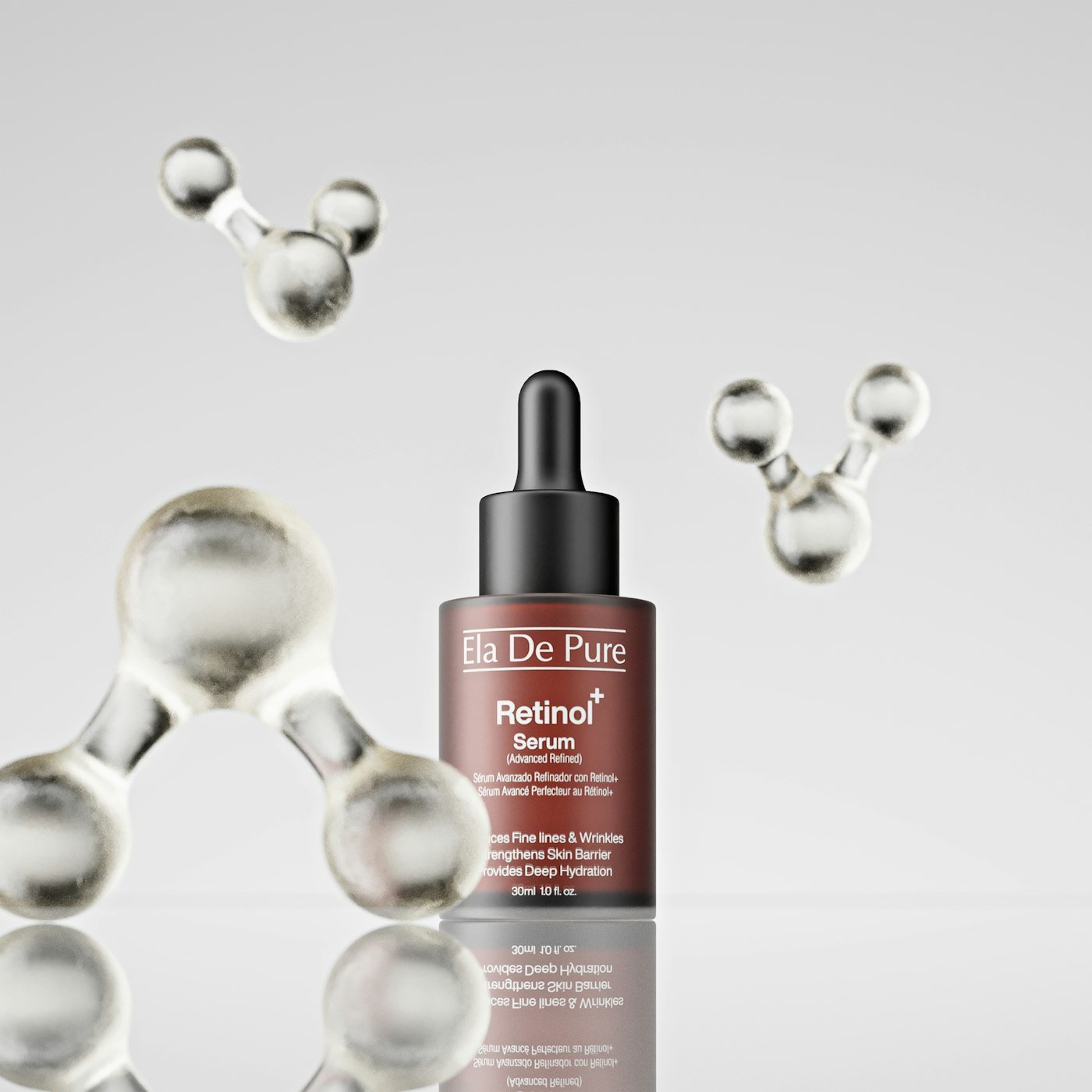 Retinol serum bottle with molecular structures